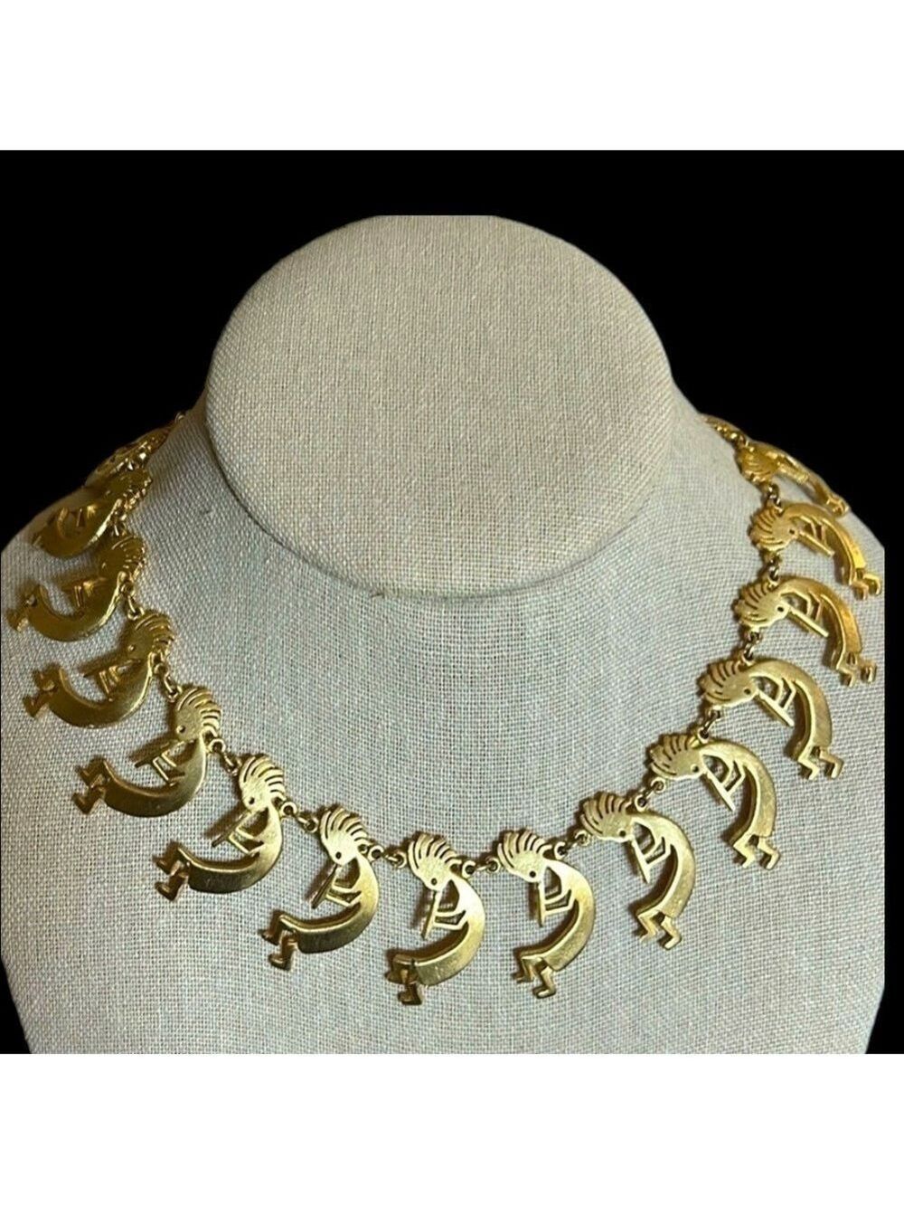 Kachina-KoKopelli Native American Choker Style Necklace in Brushed Gold Tone